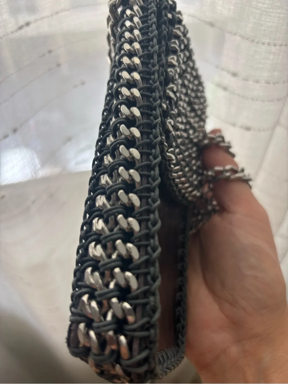 Chain-Trim Metallic Crochet Phone Bag